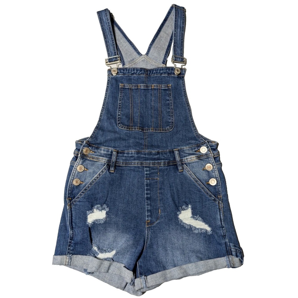 RUE 21 Women Size 10 Distressed Stretch Denim Blue Jean 3" Shortalls